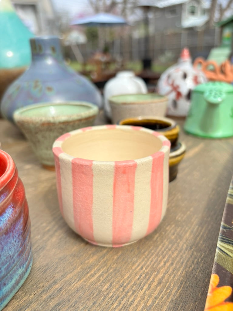Striped Pink and White Studio Pottery Planter