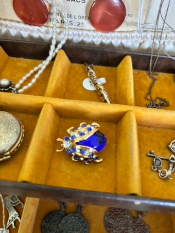 Sweetie blue glass and rhinestone vintage beetle brooch