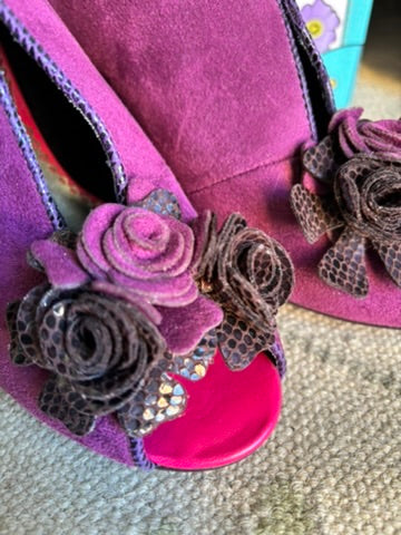 Gorgeous Burgundy Suede Heels w/ Leather Floral Embellishments