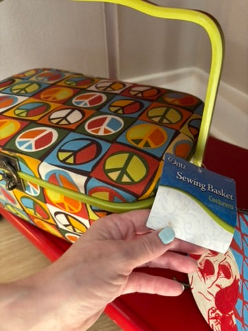 Deadstock Vintage Sewing Basket with Groovy Peace Sign Print
