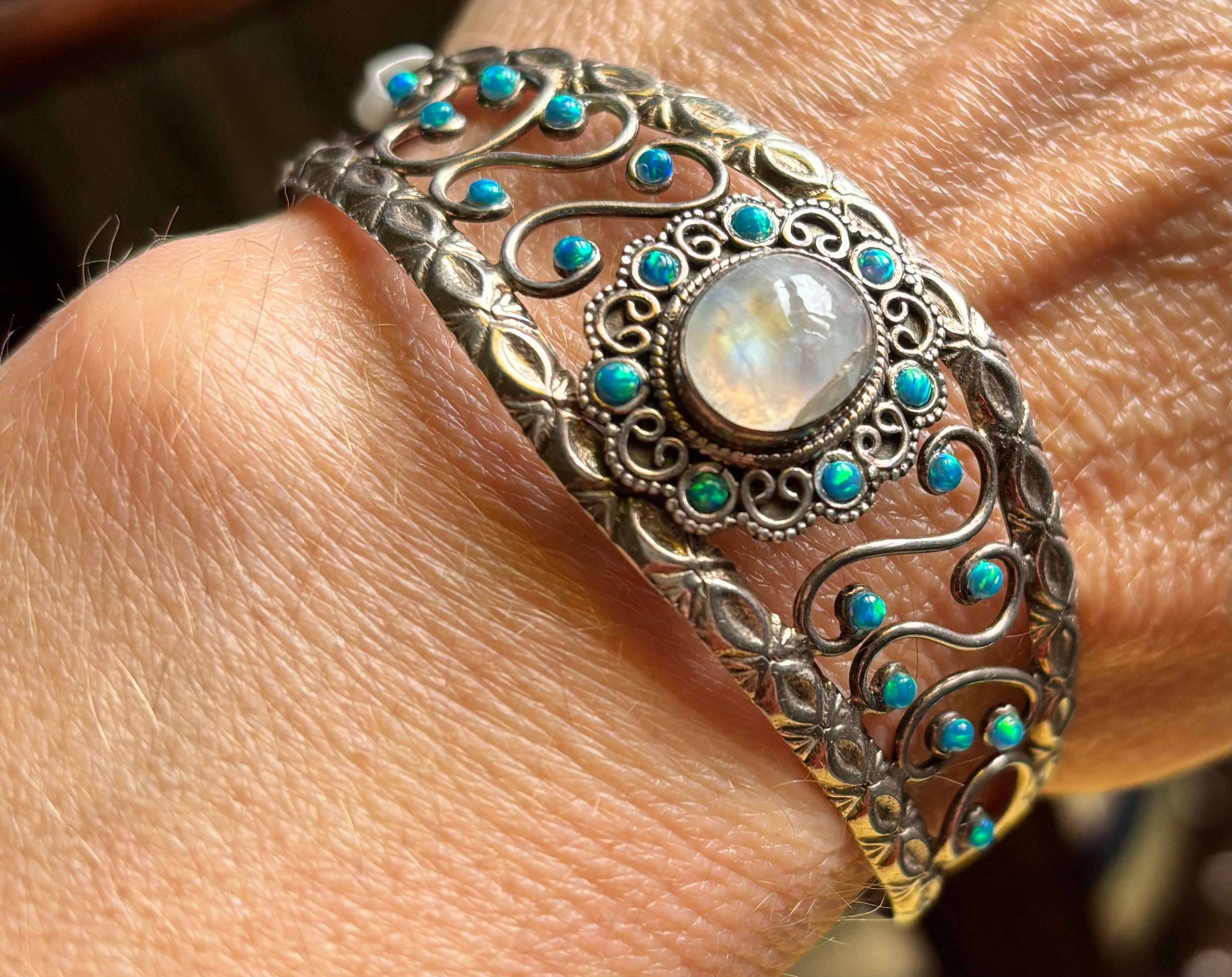 Moonstone and Faux Opal Cuff with Ornate Metalwork