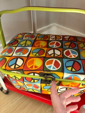 Deadstock Vintage Sewing Basket with Groovy Peace Sign Print