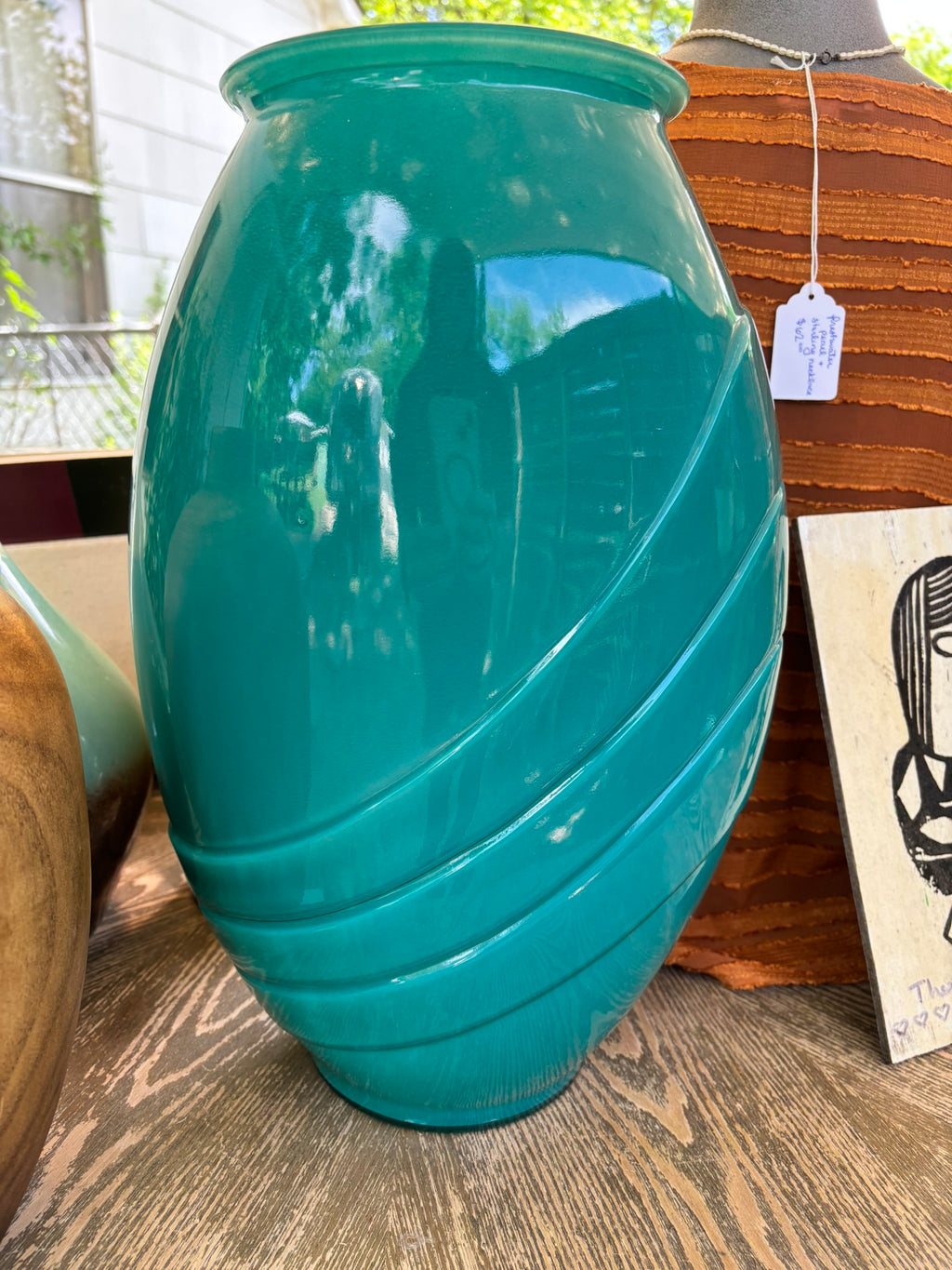 Large Vintage Teal Glass Deco Style Vase