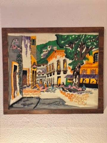 Vintage Italian Scene Crewel Embroidery Wall Art