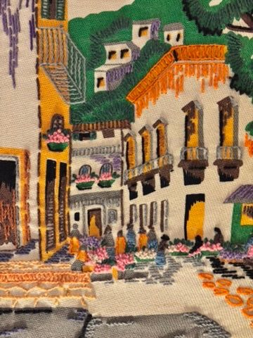 Vintage Italian Scene Crewel Embroidery Wall Art
