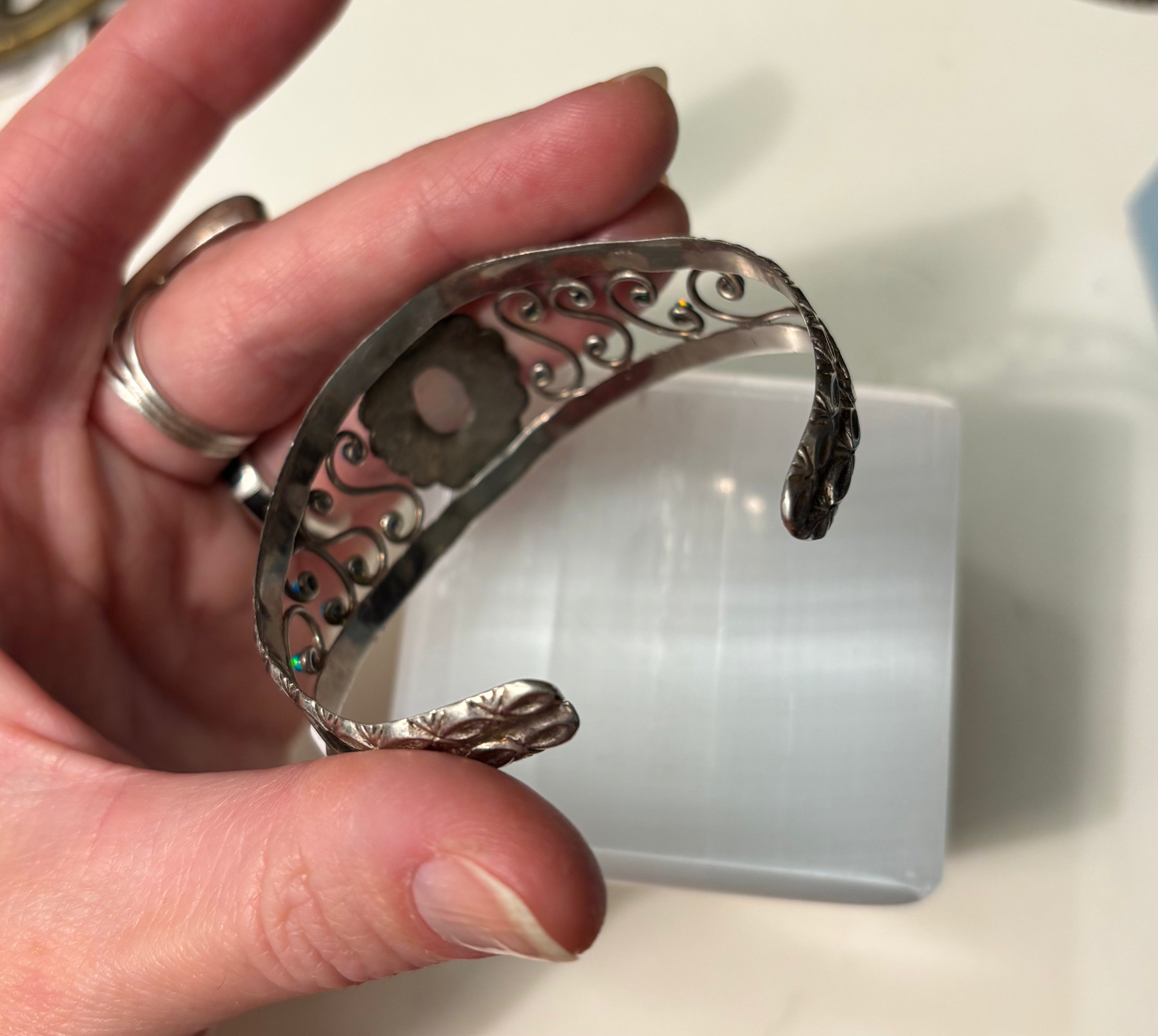 Moonstone and Faux Opal Cuff with Ornate Metalwork