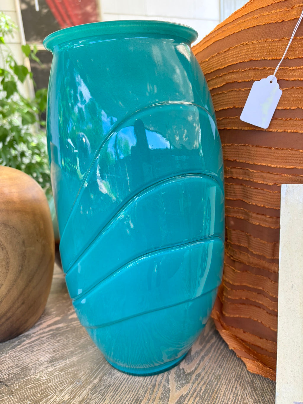 Large Vintage Teal Glass Deco Style Vase