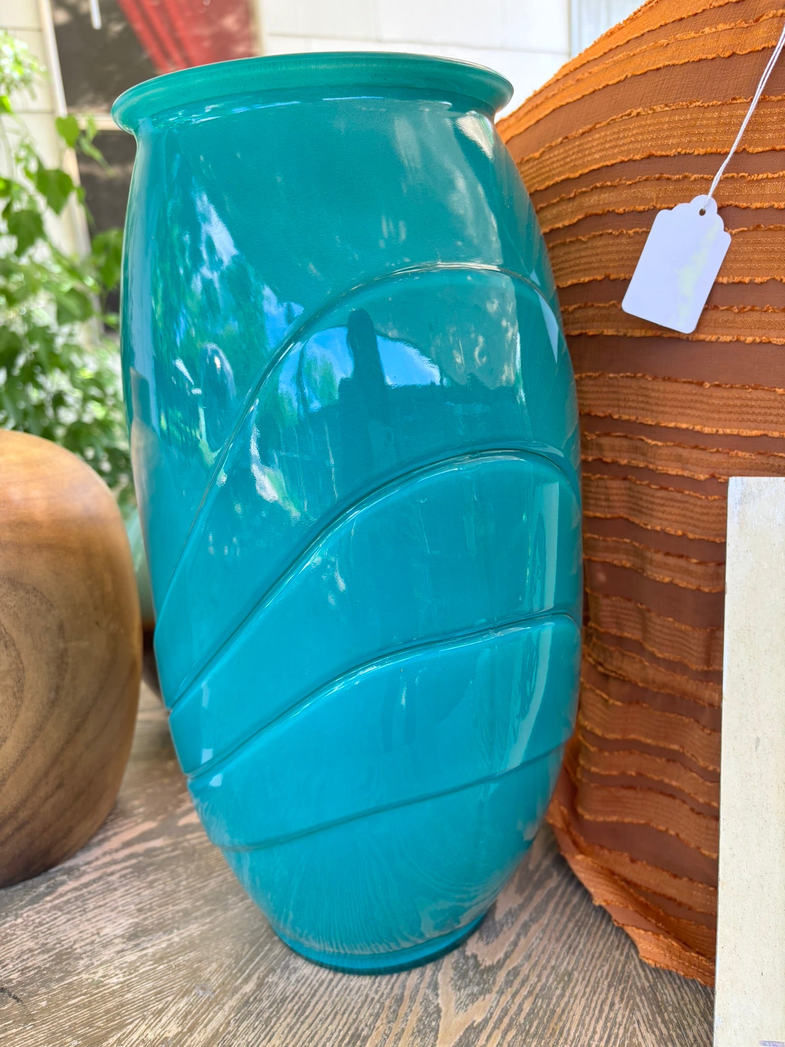 Large Vintage Teal Glass Deco Style Vase