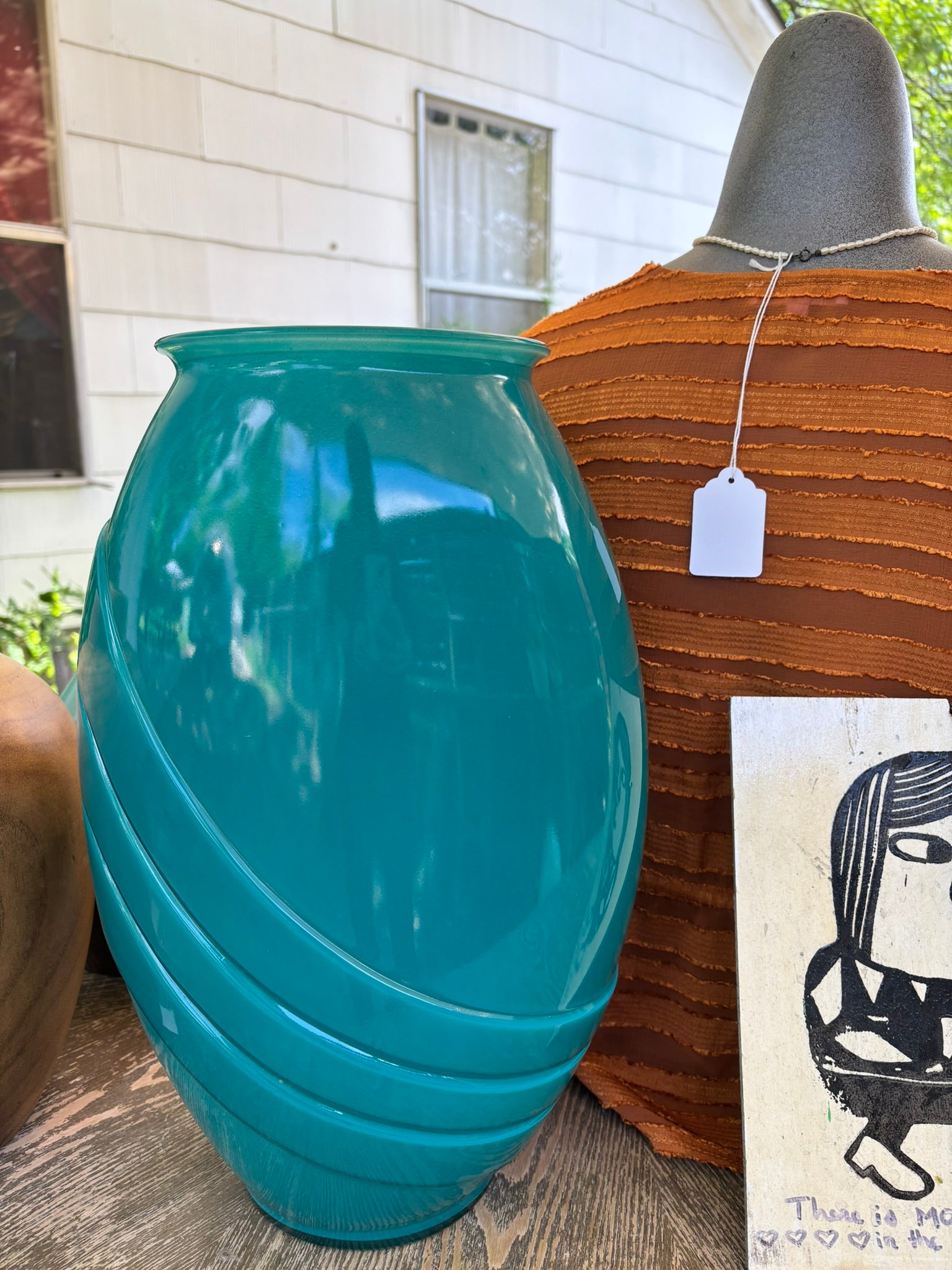 Large Vintage Teal Glass Deco Style Vase