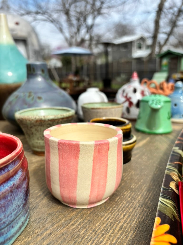 Striped Pink and White Studio Pottery Planter