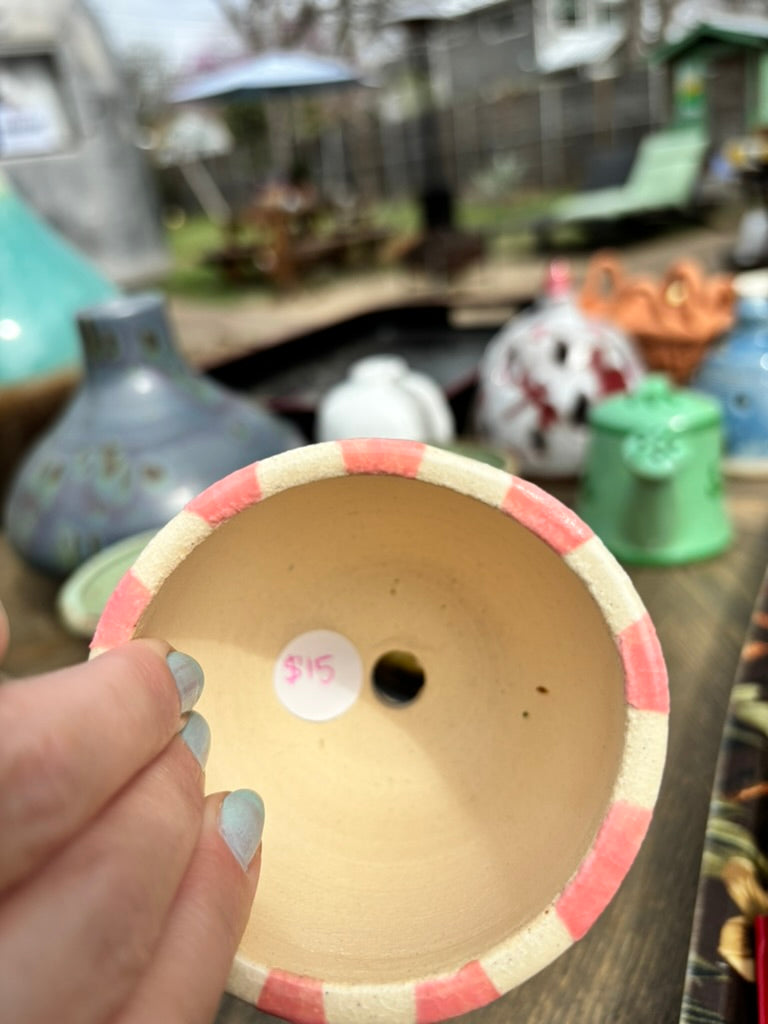 Striped Pink and White Studio Pottery Planter