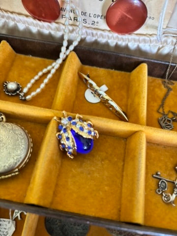 Sweetie blue glass and rhinestone vintage beetle brooch