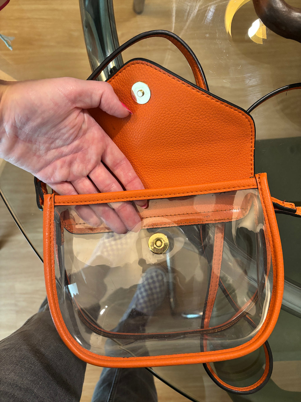Orange Leather and Clear Plastic Handbag