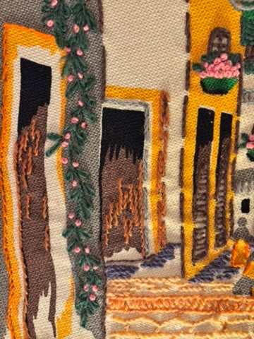 Vintage Italian Scene Crewel Embroidery Wall Art