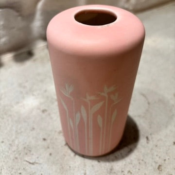 Pink Glazed Pottery Etched with Birds of Paradise Flowers