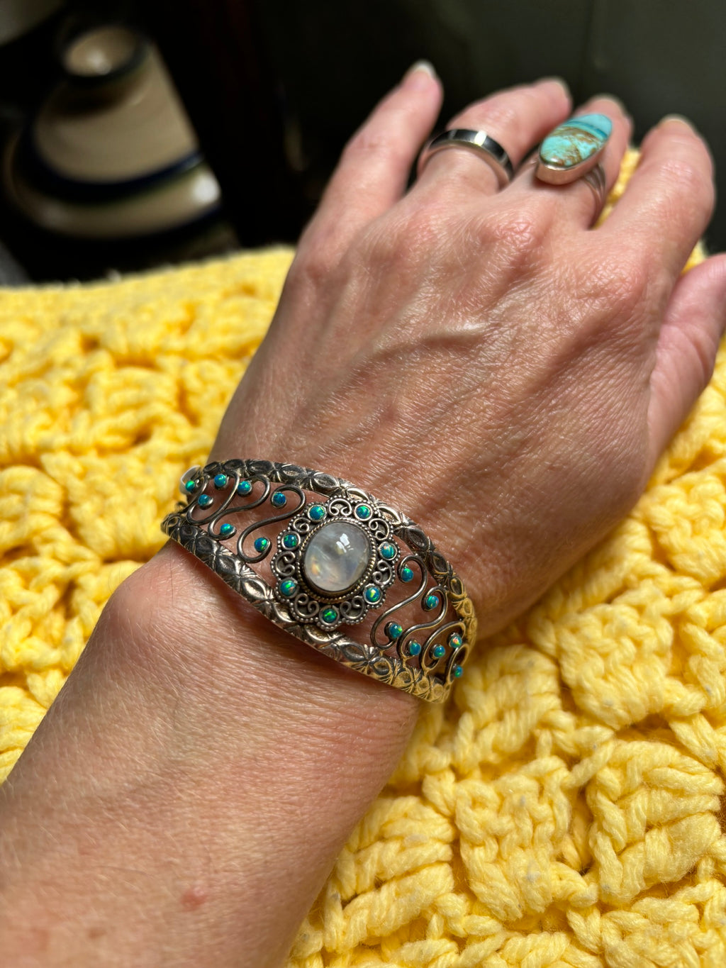 Moonstone and Faux Opal Cuff with Ornate Metalwork