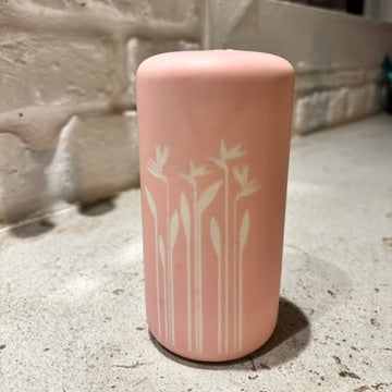 Pink Glazed Pottery Etched with Birds of Paradise Flowers