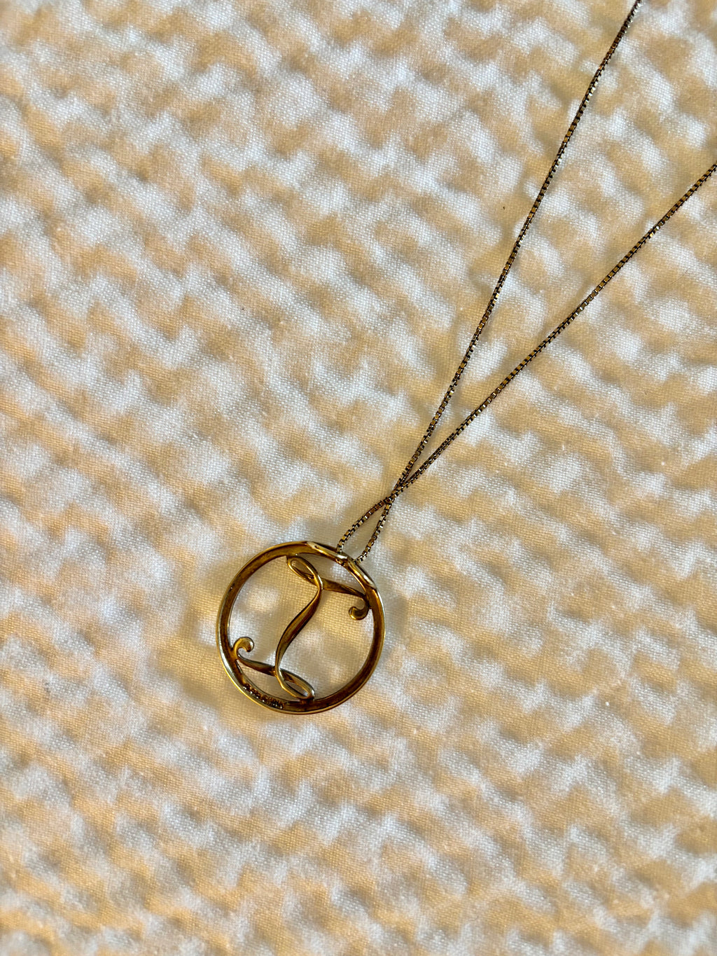 "L" Cursive Round Pendant w/ Vermeil Chain