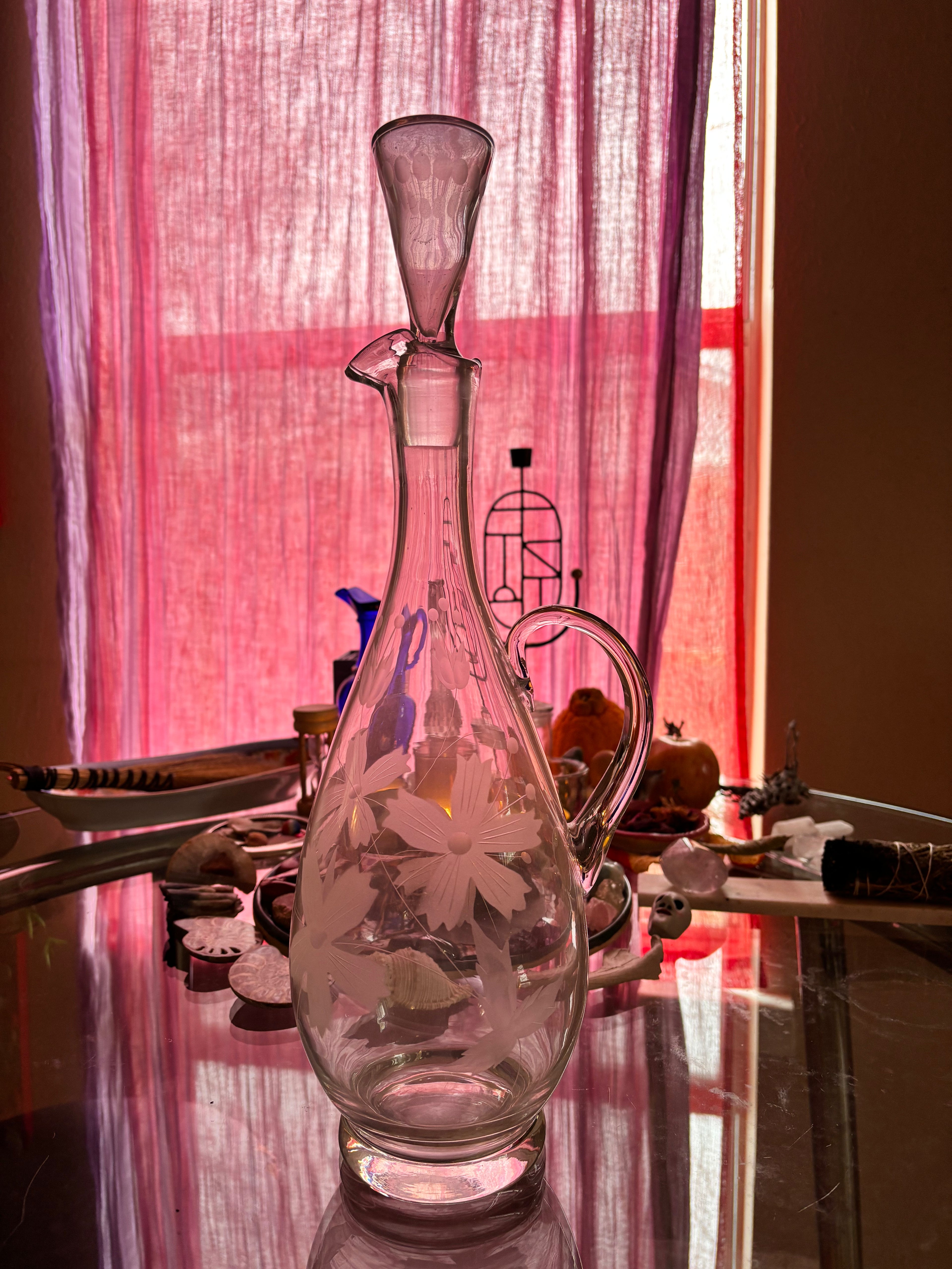 Dreamy Etched Glass Midcentury Modern Decanter