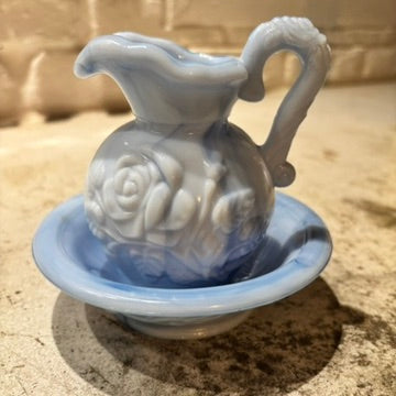 Vintage Avon Blue Milkglass Pitcher & Bowl 1978