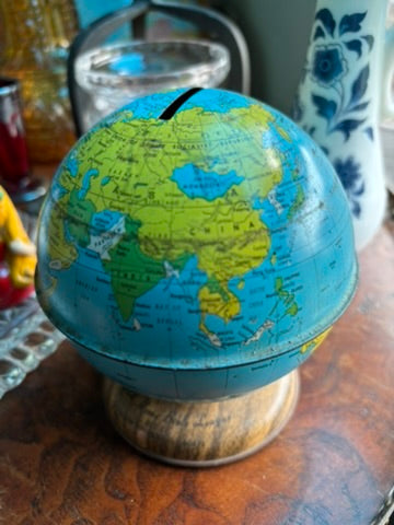 Vintage Tin World Globe Toy Bank