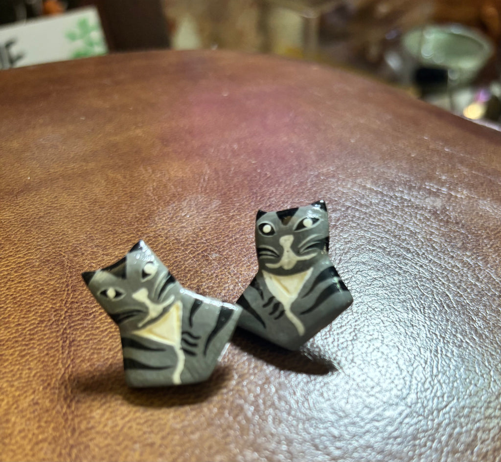 Painted Wooden Cat Earrings