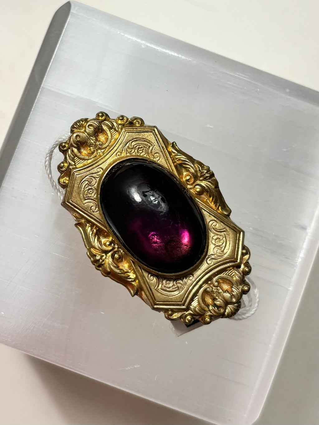 Ornate Gold filled brooch with purple glass
