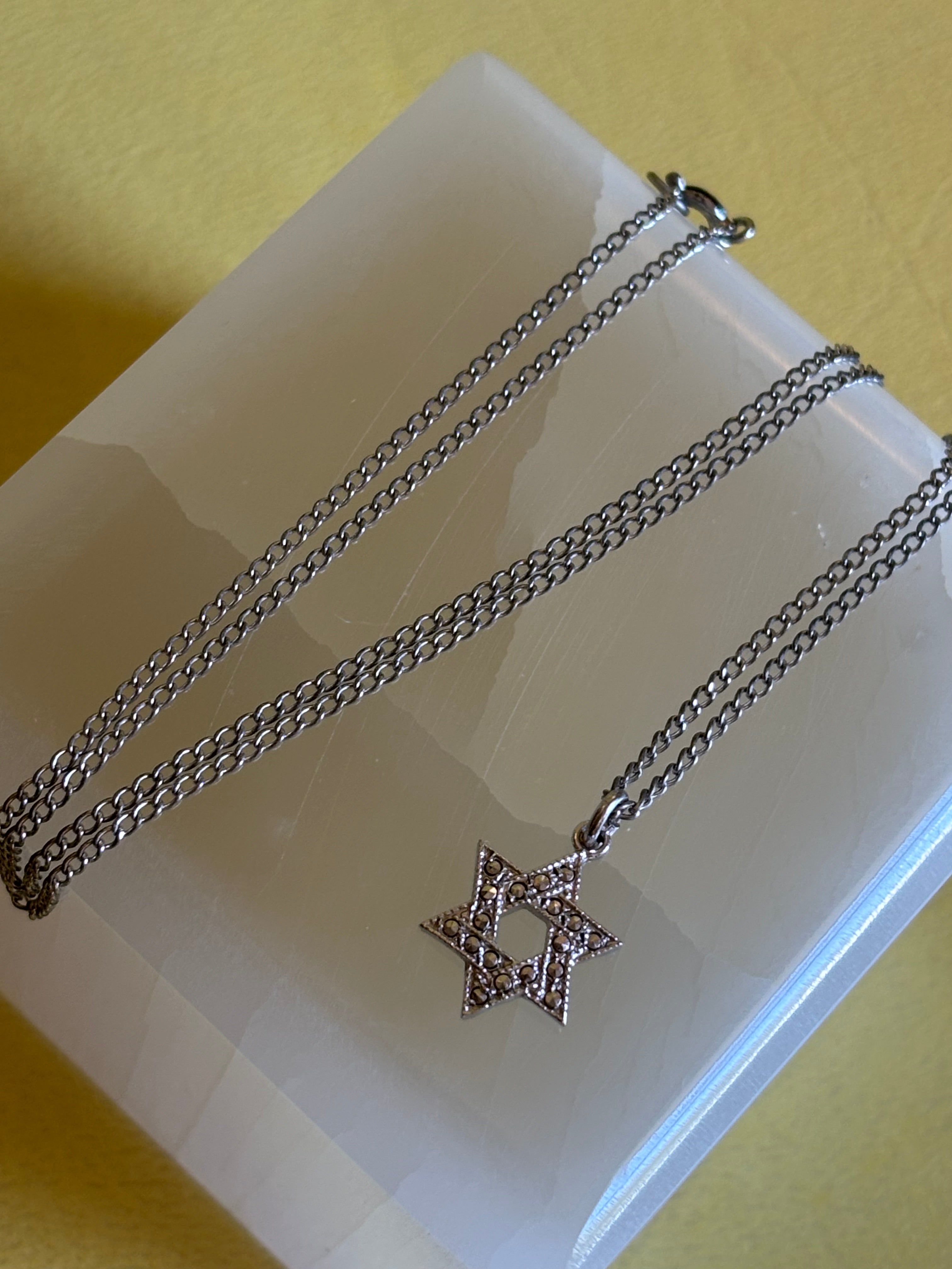 Vintage Sterling and Marcasite Star of David Pendant Necklace