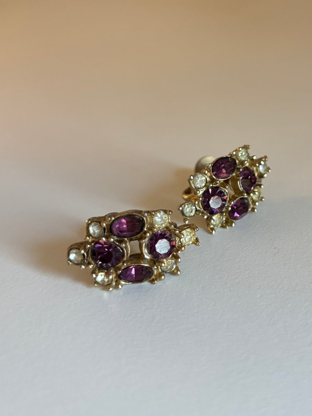 Vintage Purple and Clear Rhinestone Screw-back Earrings