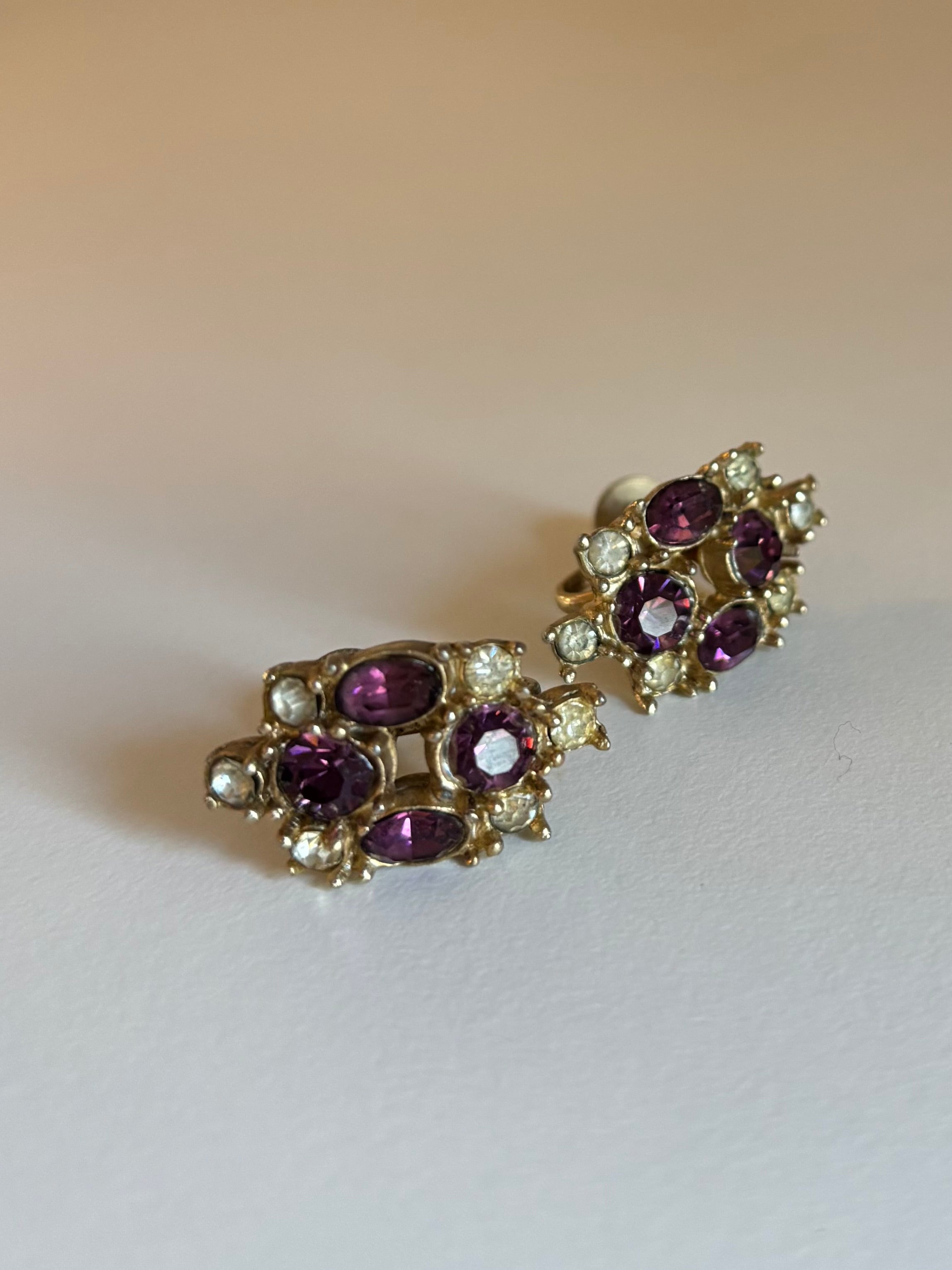 Vintage Purple and Clear Rhinestone Screw-back Earrings