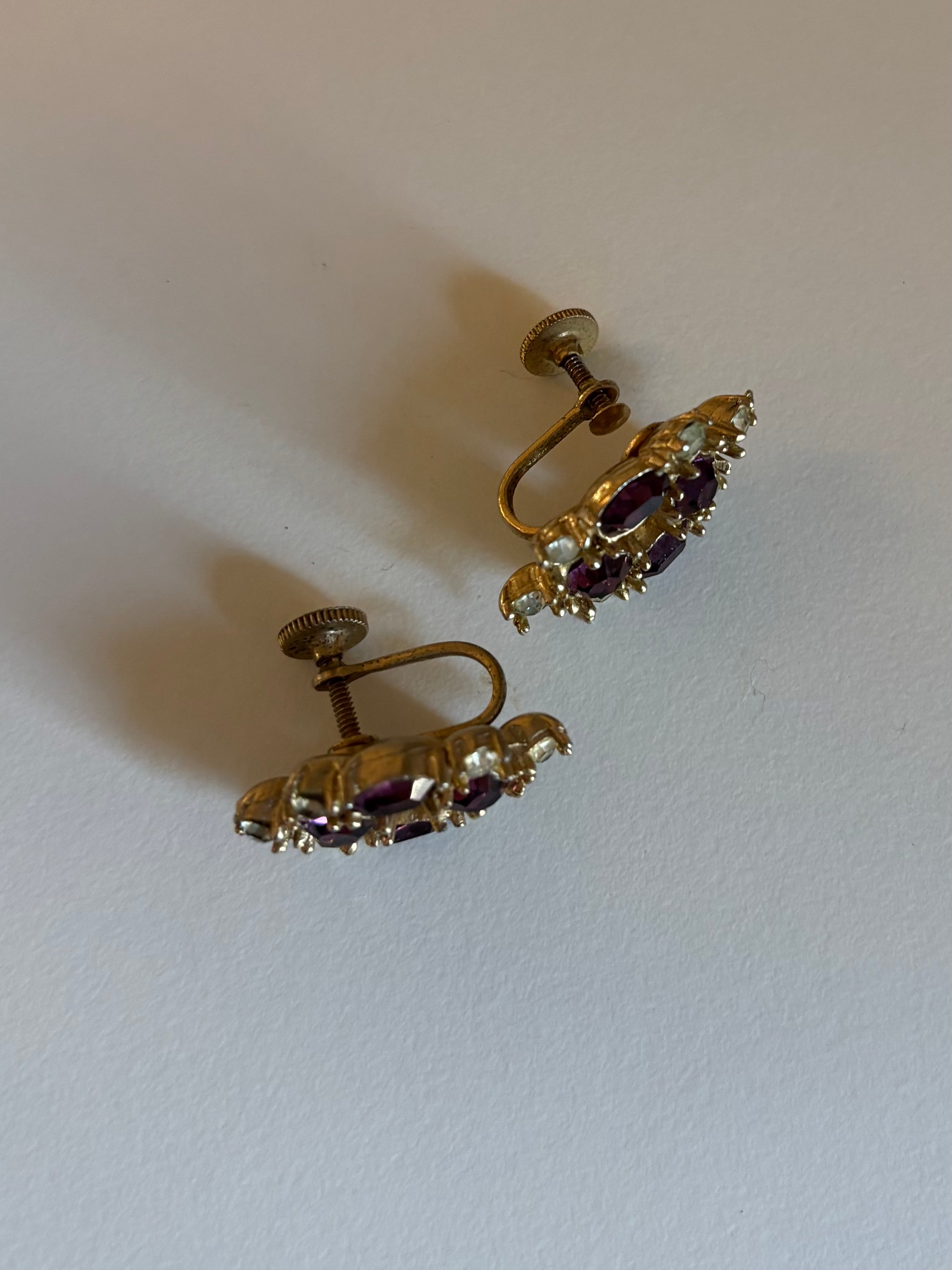 Vintage Purple and Clear Rhinestone Screw-back Earrings