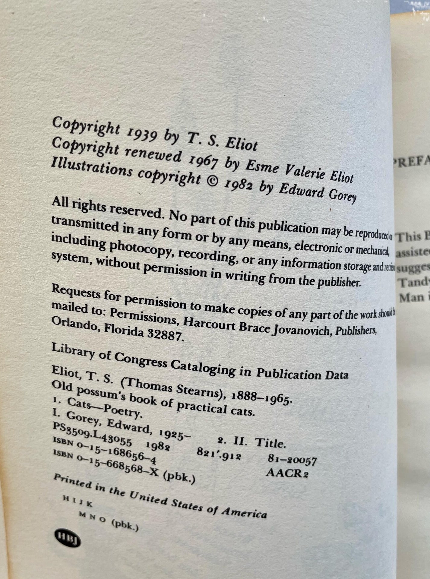 Vintage "Old Possums Book of Practical Cats" T.S. Elliot 1982